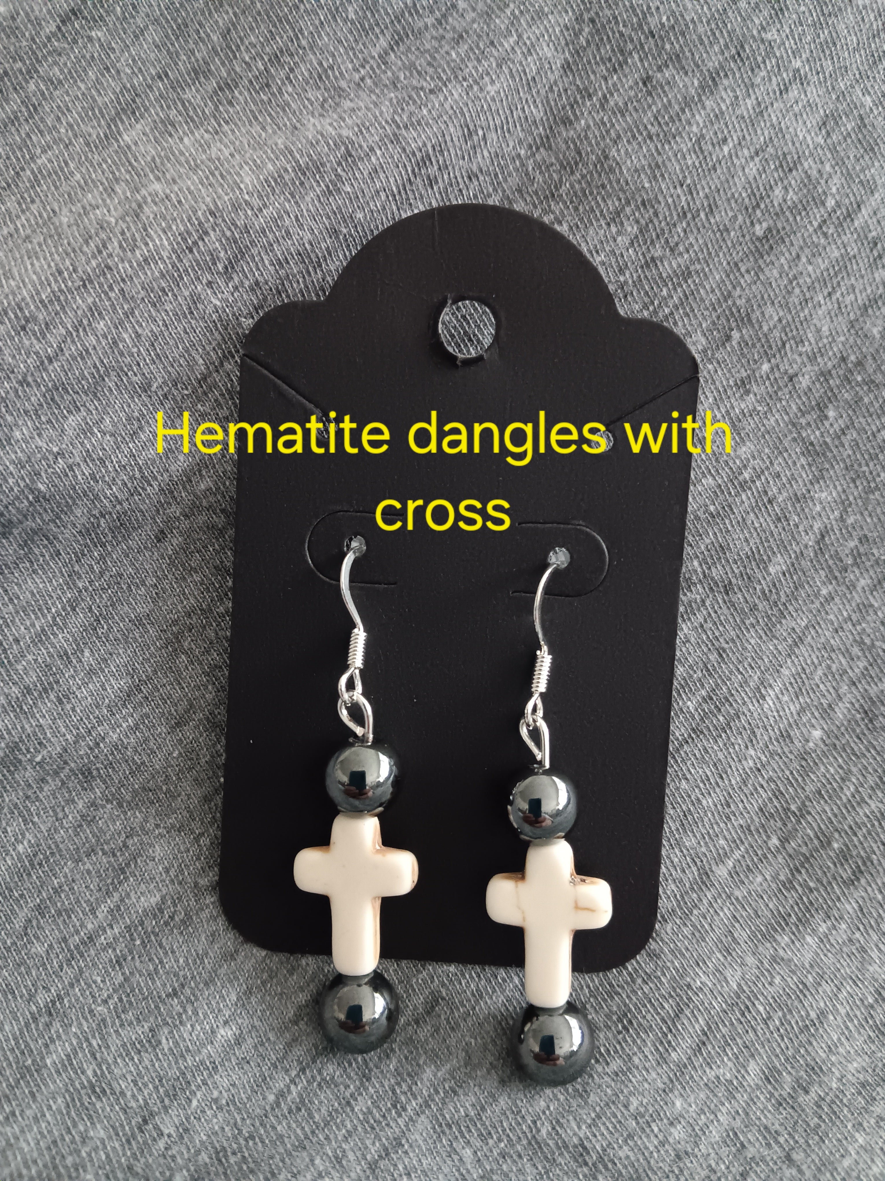 Genuine hematite dangles with cross