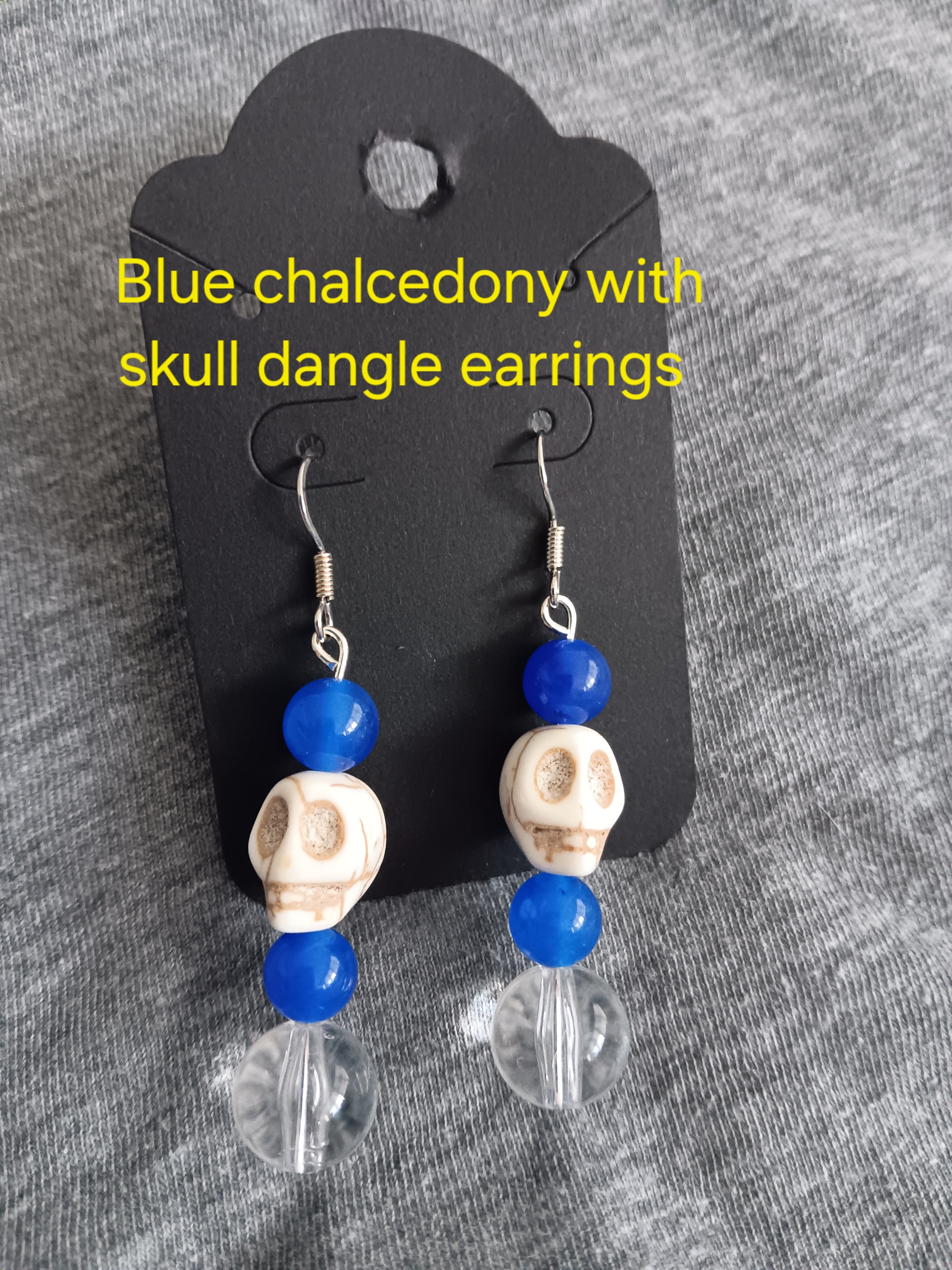 Genuine blue chalcedony with skull long dangles