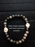 Silver sheen obsidian bracelet w skull