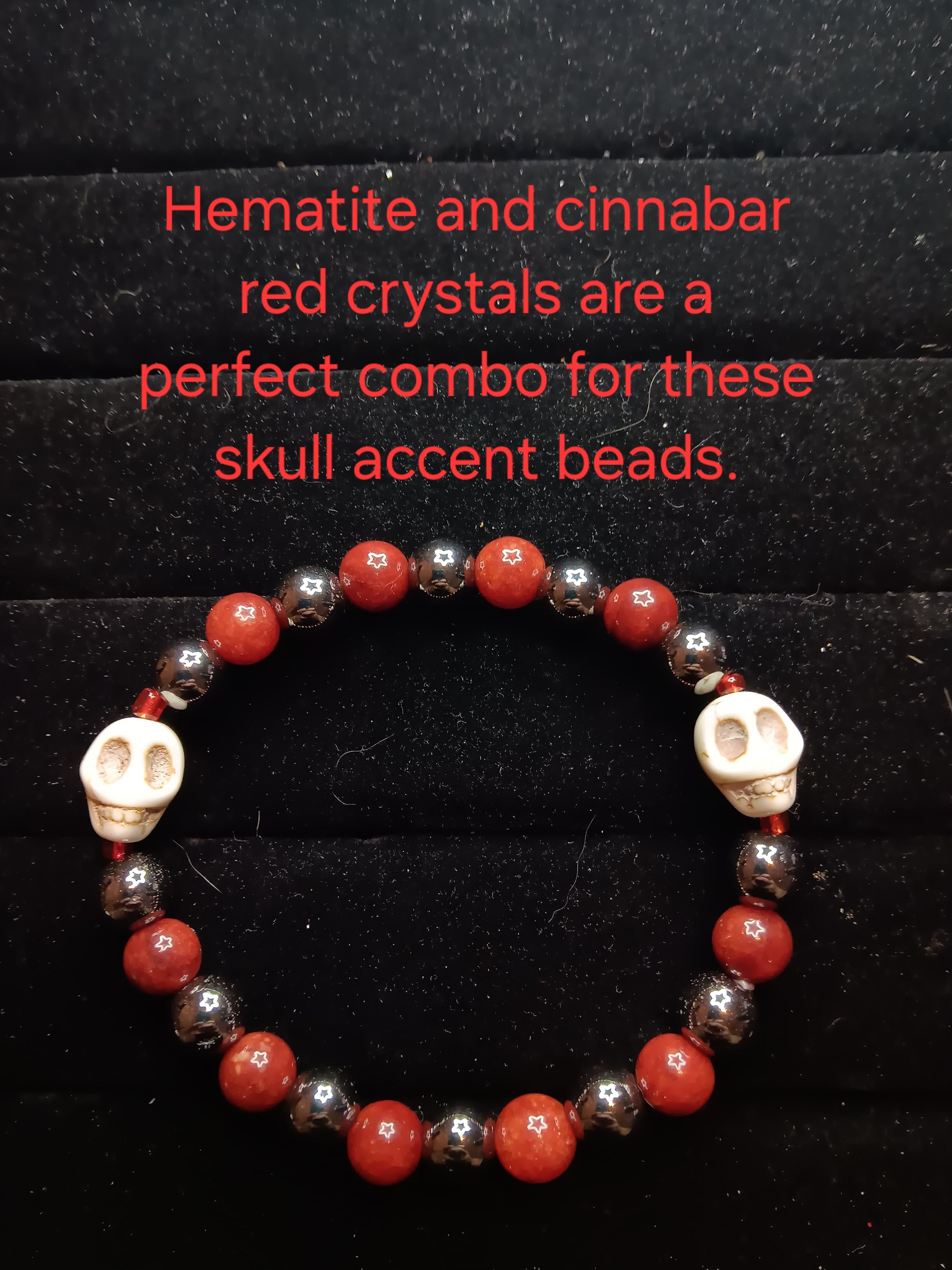 Hematite and red cinnabar bracelet with skull